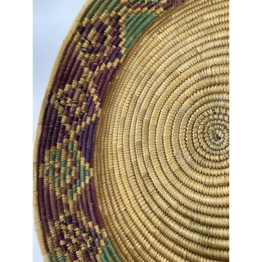 Vintage African Style Handwoven Coil‎ Lidded Basket W/ Colorful Interior Design
